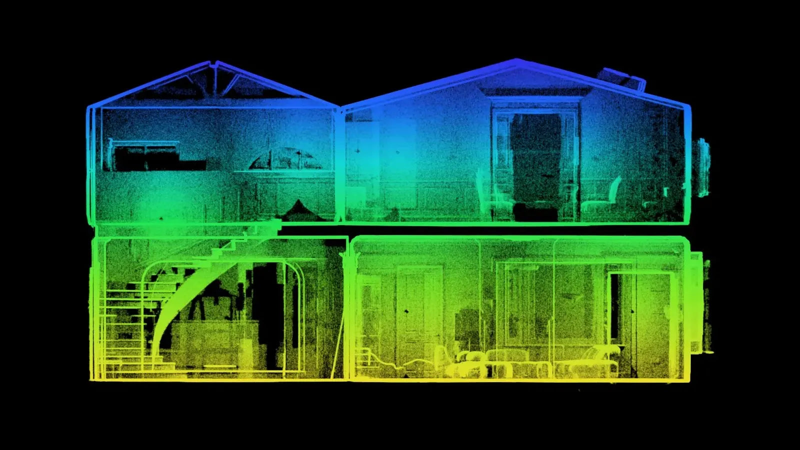 Point cloud of a two-story house, colored by height